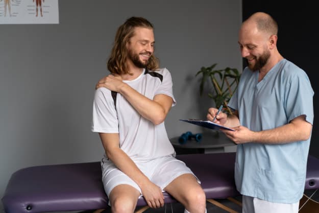 Doctor haciendo chequeo médico deportivo
