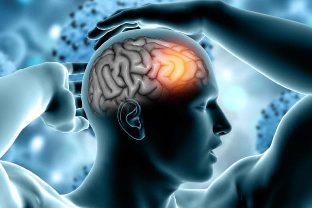 Render 3d de un historial médico con figura masculina y cerebro resaltado 