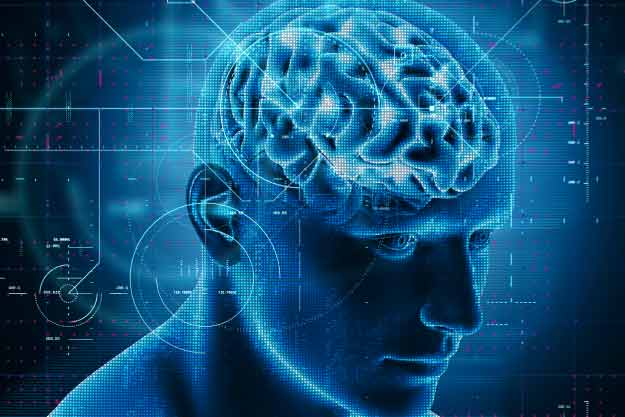 Diseño de tecnología médica en 3d sobre figura masculina con cerebro resaltado
