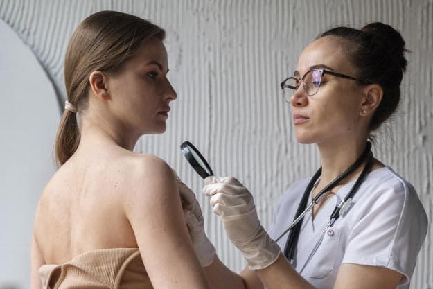 Doctora revisando la piel una paciente